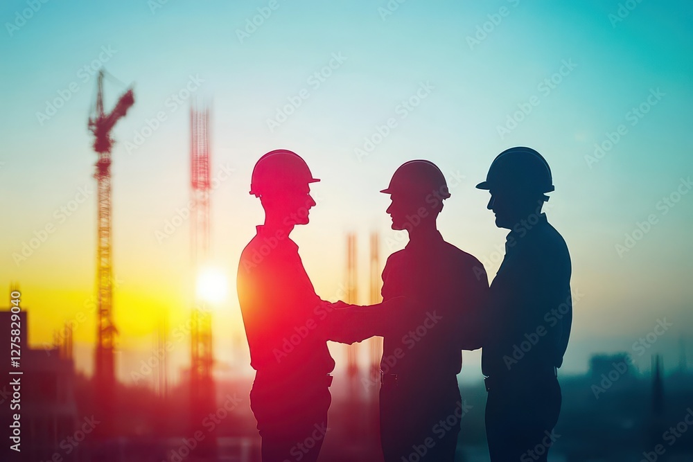 Aufkleber two construction workers shaking hands after completing a project on a building site
