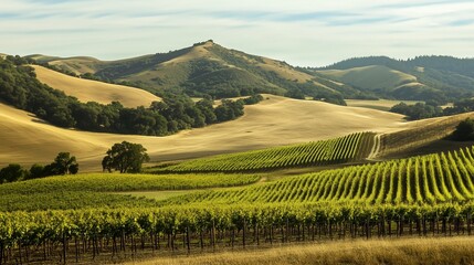 A breathtaking panorama of a vineyard with rows of grapevines stretching across rolling hills and valleys under a soft white sky