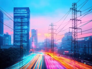 Obraz premium Urban landscape with towering high voltage electricity poles