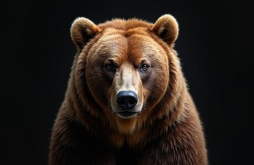 Fototapeta premium Front portrait of brown Kamchatka bear isolated on black background. Powerful predator, wild animal, wilderness and wildlife. Furry alaskan grizzly looking directly at camera.