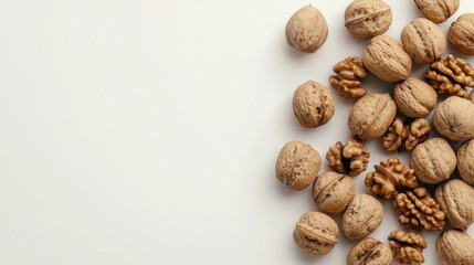 Walnuts scattered on a plain background showcasing natural textures and colors for culinary inspiration and healthy snacking options