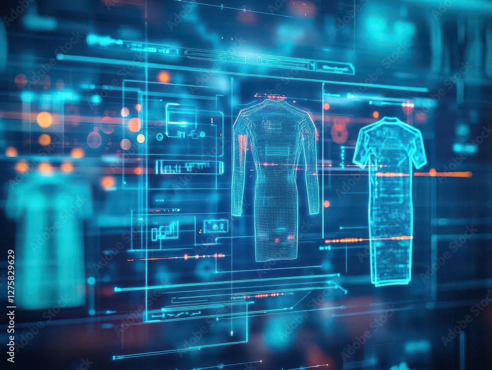 Poster blueprint design of a shirt displayed on a computer screen for fashion and textile industry
