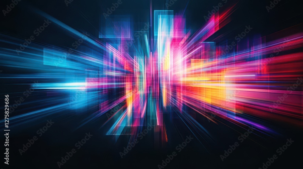 Poster Vivid abstract rays of light radiating in vibrant colors against a deep black background, creating a sense of depth and mystery, evoking a dynamic and enchanting atmosphere