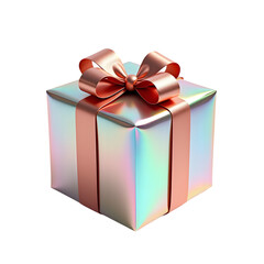 Obraz premium A gift box with a rose gold finish, holographic material, and a large bow, showcasing its elegant and striking design.