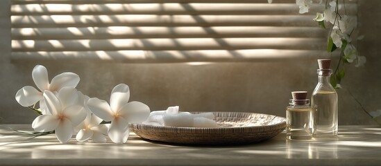 Spa day still life featuring white flowers, oil bottles, and soft towels in natural light. Calm and relaxing wellness concept.