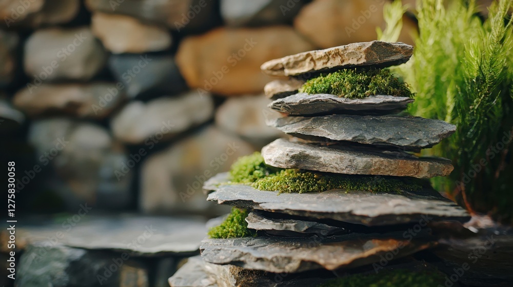 Poster stacked stones with moss create a serene focal point in a natural garden setting surrounded by rocks