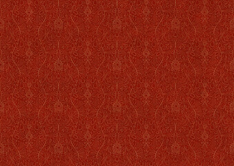 Fototapeta premium Hand-drawn unique abstract symmetrical seamless gold ornament on a bright red background. Paper texture. Digital artwork, A4. (pattern: p13-2c)