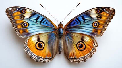Blue morpho butterfly wings spread, white background, nature study, entomology
