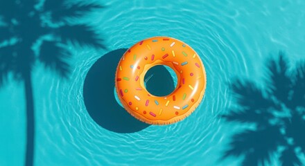 Colorful donut float in clear blue pool water with palm shadows