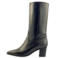 Elegant black high-heeled boot on a white background isolated on png transparent background, cut out