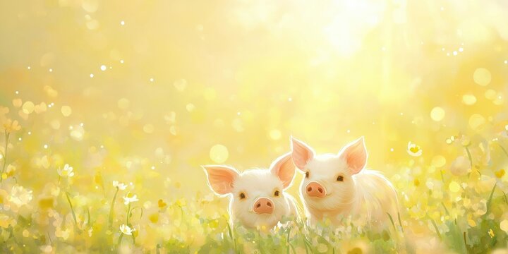 Two adorable piglets resting in a sunlit meadow filled with golden wildflowers, surrounded by a dreamy, glowing atmosphere