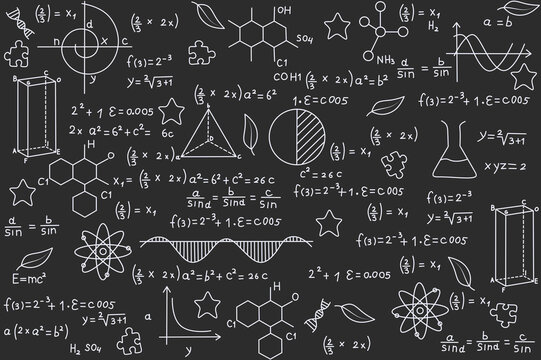 Drawn formulas of school lessons, physics, chemistry, geometry, biology. Back to school. Illustration on a school theme. Study of natural sciences. School background, illustration.
