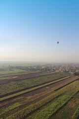 Aerial view of the crops on East bank with a hot air balloon in the morning, Egypt