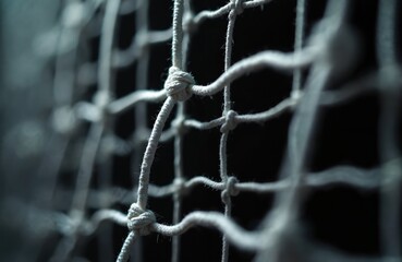 Close-up of white net against black backdrop. Grid texture of sport equipment element for volleyball, soccer, handball games. Training, exercise, game concept.