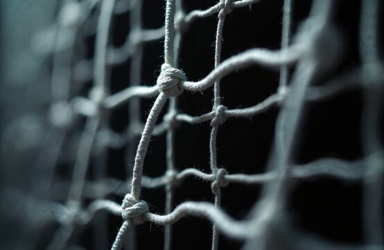 Close-up of white net against black backdrop. Grid texture of sport equipment element for volleyball, soccer, handball games. Training, exercise, game concept.