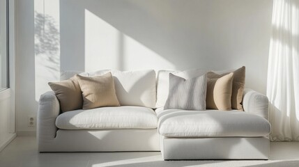 Fototapeta premium Cozy and Modern Living Room Sofa with Soft Cushions in Natural Light