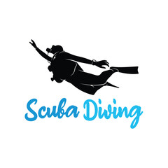 Vector illustration of divers in the deep sea. Scuba diving silhouette design
