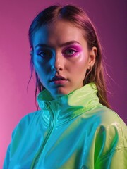 Closeup portrait of a young beautiful woman with vibrant makeup and a shiny green jacket against a pink background.