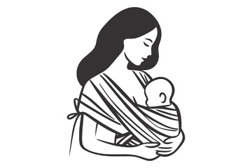 Minimalist black and white line art of a mother with a baby sling