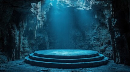 Underwater cave stage, product display, blue lighting