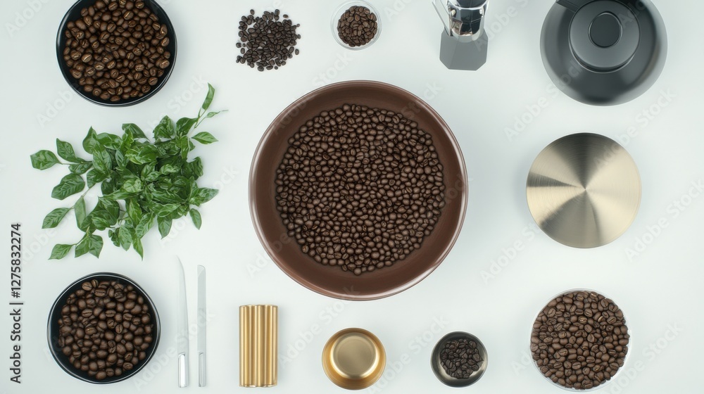 Poster a top-down view of a preparation scene featuring coffee beans and various tools for brewing