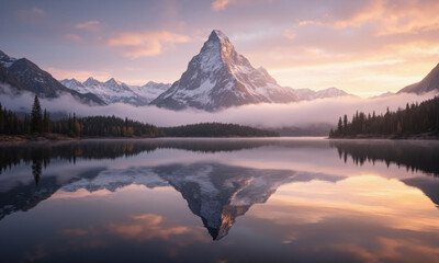 Majestic mountain peak reflecting in a calm lake for adventure travel and outdoor gear advertising. A dramatic mountain peak is mirrored perfectly in