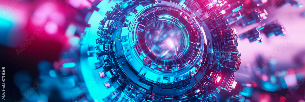 Poster cyberpunk circular device: technological futuristic structure