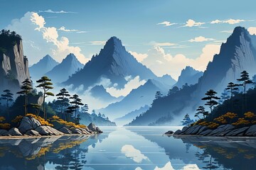 Fototapeta premium there is a painting of a mountain lake with trees and rocks
