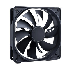 Black cooling fan with blades in motion against white isolated on png transparent background, cut out