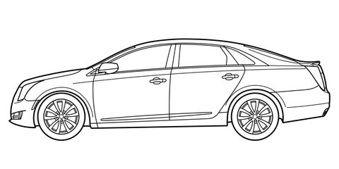Premium full size classic sedan car. Different five view shot - front, rear, side and 3d. Outline doodle vector illustration	
