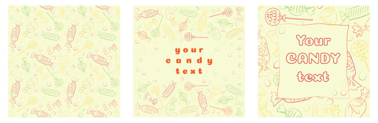 A set of three designs with colorful doodle-style line candies, including a seamless template and two postcards