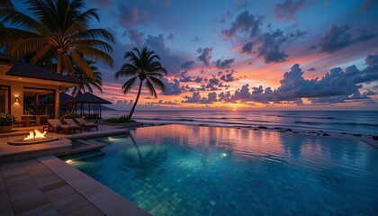Obraz premium Tranquil Oasis: A luxurious coastal scene unfolds as a shimmering pool reflects a breathtaking sunset, palm trees sway gently, and a serene ambiance creates an inviting escape.
