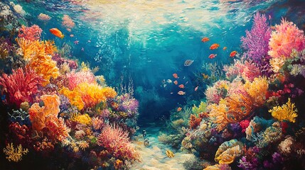 Obraz premium Vivid coral reef teeming with life under clear tropical waters 