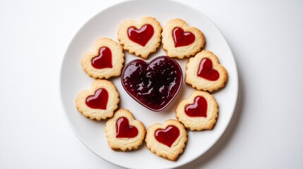 Heart-shaped cookies with raspberry filling and heart-shaped jam center on white plate