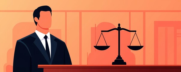 A lawyer presenting a case for penalties in a courtroom, with glowing legal scales in the background