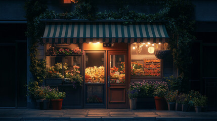 Night flower shop building exterior vector illustration. City storefront facade with shine door and window in evening. Urban store salon with flowerpot outdoor and awning in town near road scene