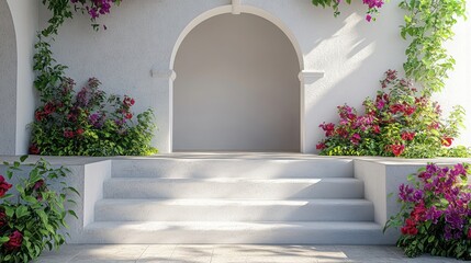 Fototapeta premium White archway steps, flowers, sunlight, mockup, resort