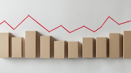 Obraz premium A series of cardboard boxes stacked on top of each other with a red arrow pointing upwards. The boxes are arranged in a way that they form a graph, with the boxes representing data points