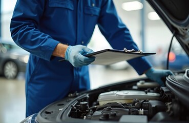 Auto mechanic checks inspection list near car engine after fix. Repairing spare part, car insurance service, assistance at vehicle maintenance. Automotive occupation.