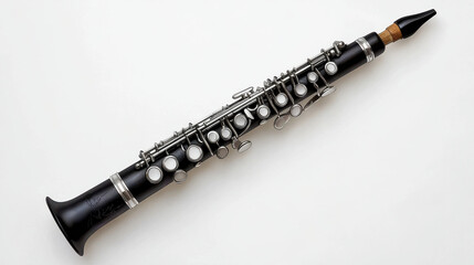 Naklejka premium Black clarinet with silver keys and wooden mouthpiece on white background isolated design on white background