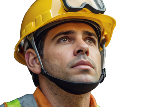 A construction worker wearing helmet isolated on transparent background. Copy space. - Powered by Adobe
