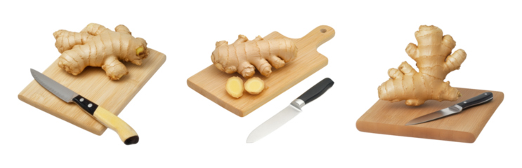 Fresh Ginger Root with Knives on Wooden Cutting Boards Isolated on transparent background