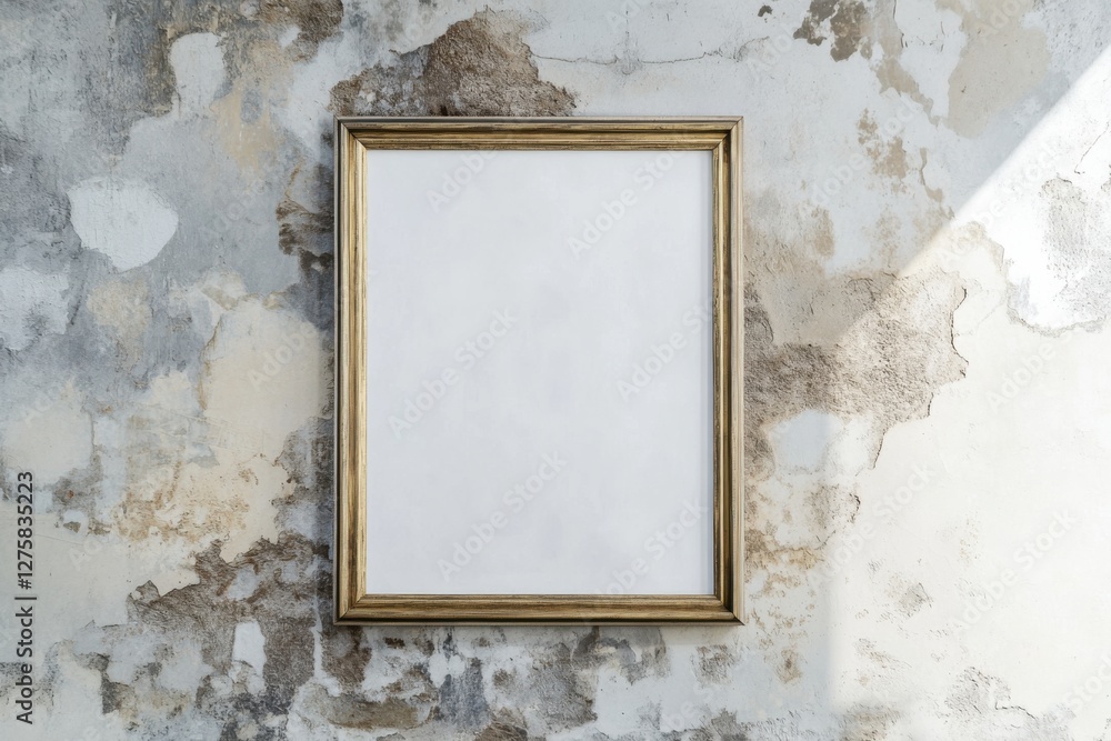 Poster minimalistic vertical picture frame with gilded edges against a light gray wall for artistic express
