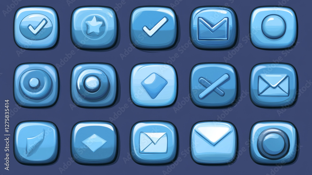 Aufkleber web buttons, circle glass icons for game user interface design. vector cartoon set of blue ui elemen