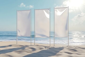 Realistic 3D vector mockups of a banner stand and beach flags. Blank canvas in the shapes of a teardrop, feather, and white rectangle for displaying branding messages and identity in an outdoor sea