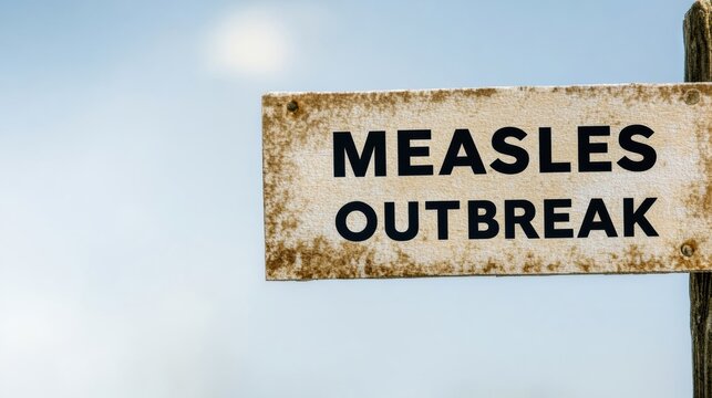 Measles Outbreak Warning Sign with Virus Particles in Artistic Presentation, Epidemic, Disease, Hospital, Vaccination, Selective focus
