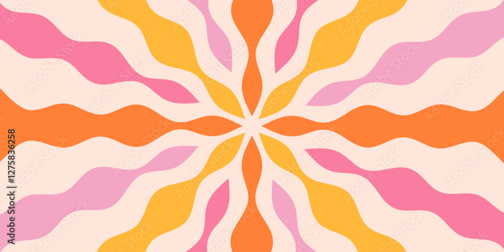 Poster sun rise radial retro groovy pattern. cool y2k rays texture vector design. psychedelic background.
