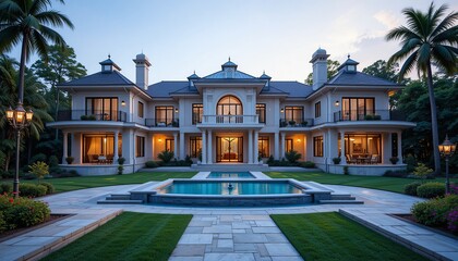 Luxury Estate: This luxurious estate showcases exquisite architecture, lush landscaping, and a stunning swimming pool. capturing the grandeur and elegance of opulent living. 