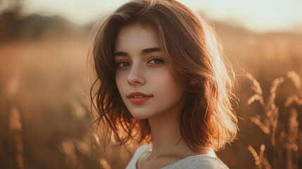 Woman with brown hair and a red lipstick is standing in a field of tall grass