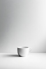 Clean white coffee cup displayed on minimalist surface with ample empty vertical space